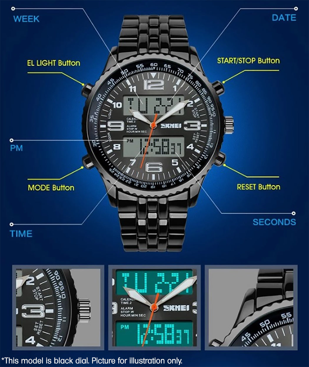 Skmei Mens Blue Large Dual Time Clear Analogue And Digital Display Watch Stopwatch Alarm 30m Water Resistant