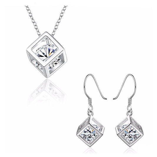 Women's Silver Cube Necklace & Earrings Set With Crystal Stone Unique Gift Stocking Filler UK