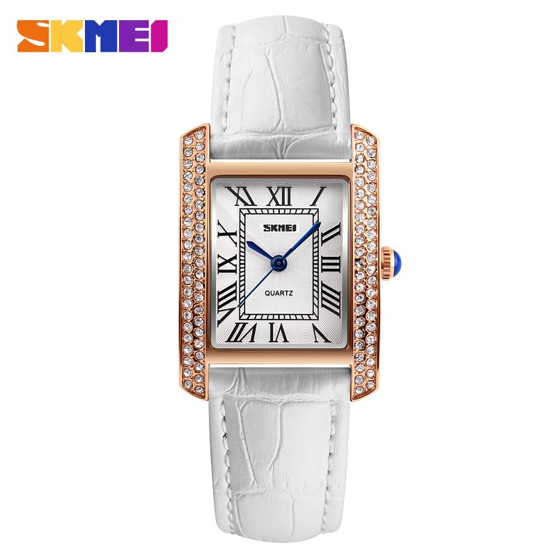 Skmei Women's Watch Classic Roman Genuine Leather Crystal Stones White Rose Gold