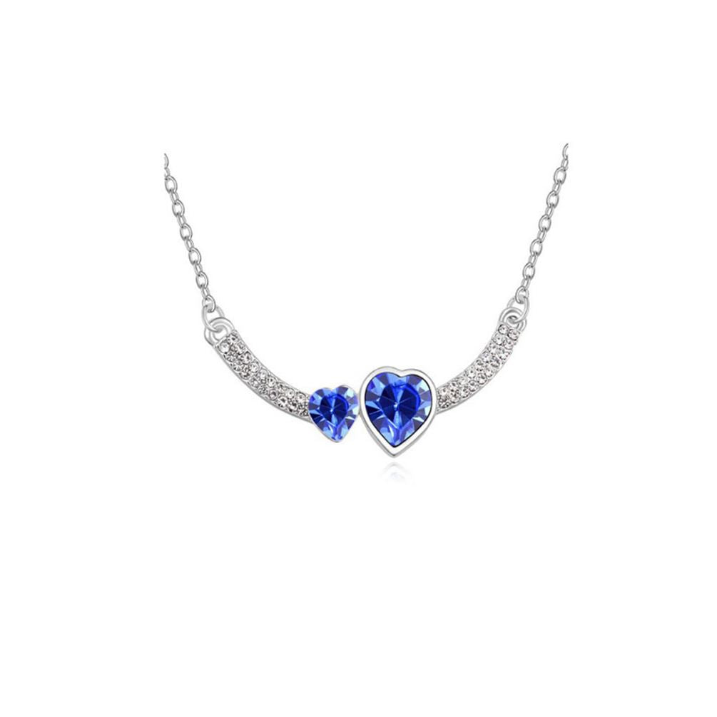 Women's Double Heart Love Dark Blue Crystal Pendant Necklace Stones UK Seller