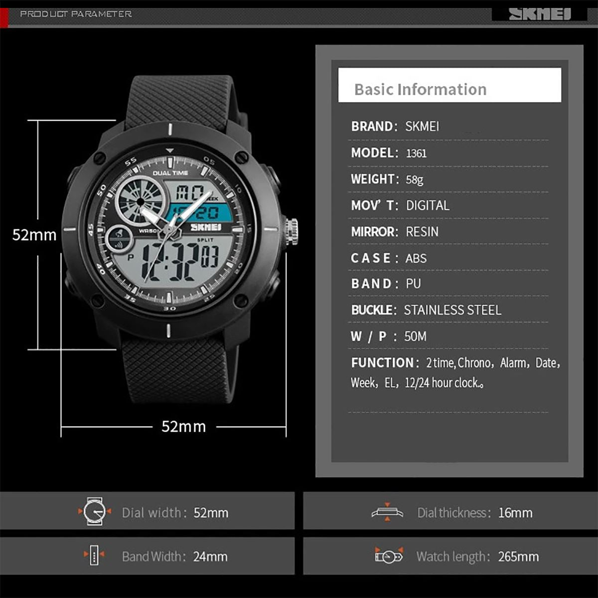 SKMEI Mens Black Dual Time Very Large Digital And Analogue Watch With Rubber Strap DG1361
