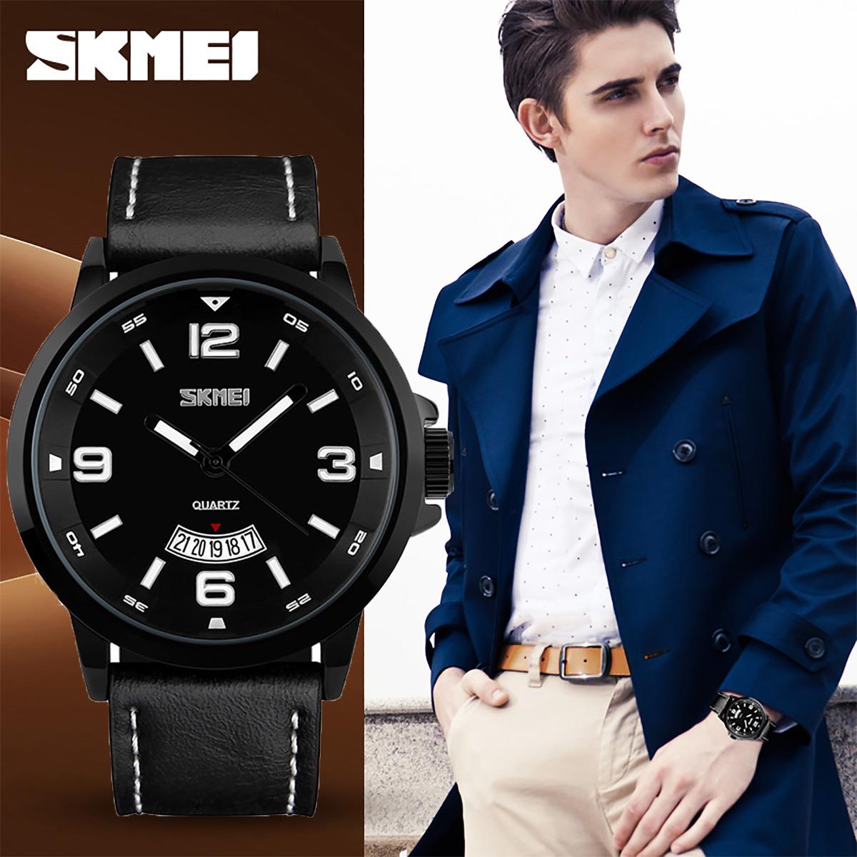 Skmei Mens Watch Classic Black Dial Genuine Leather Strap Date Display Window SK9115