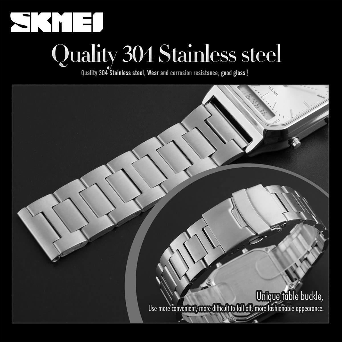 Skmei Mens Boys Classic Dual Time Digital Watch Alarm Metal Strap DG1220SI