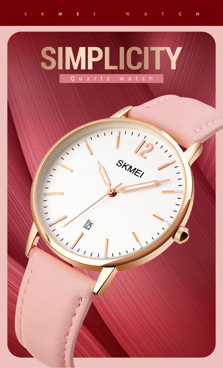 Skmei Women's Watch Classic Clear Dial Date Display Genuine Leather Strap Pink