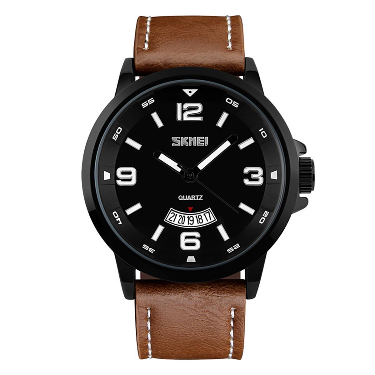 Skmei Mens Watch Brown Genuine Leather Strap Date Display Window SK9115BLA