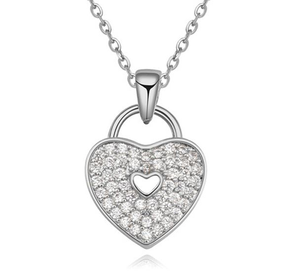 Women's Ladies 'Locked' Love Heart Necklace Pendant Crystal Stones Silver UK Seller