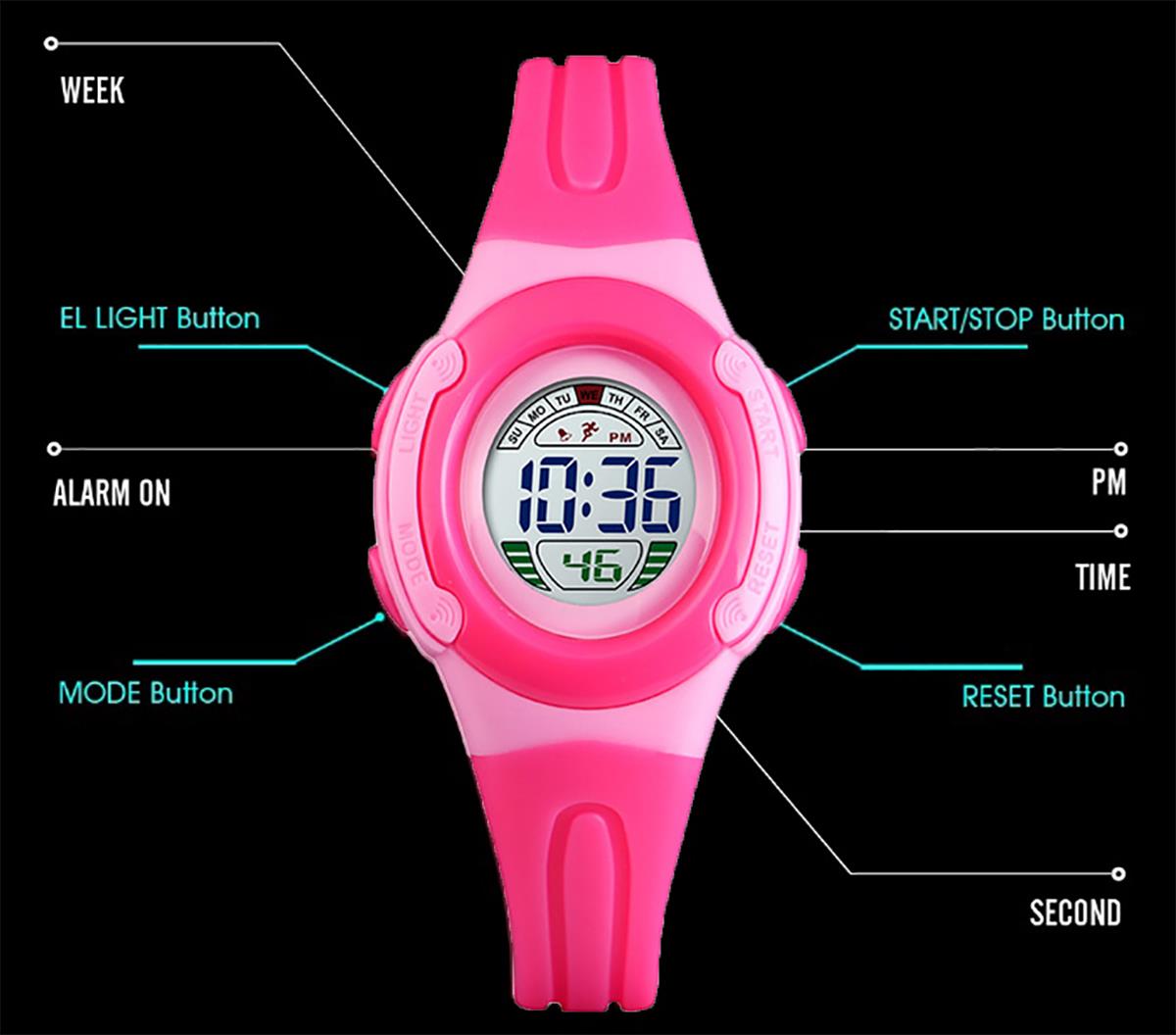 Skmei Childrens Kids Watch Girls Or Boys Pink Stopwatch Alarm Light Comfortable Strap