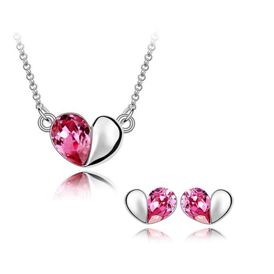 Pink Designer Love Heart Crystal Jewellery Necklace Bracelet & Earrings Set