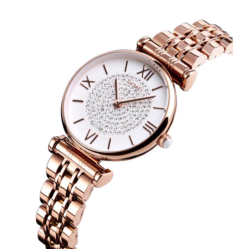 Skmei Women's Watch Rose Gold Classic Sparkle Clear Dial Crystal Stones Stainless Steel Strap