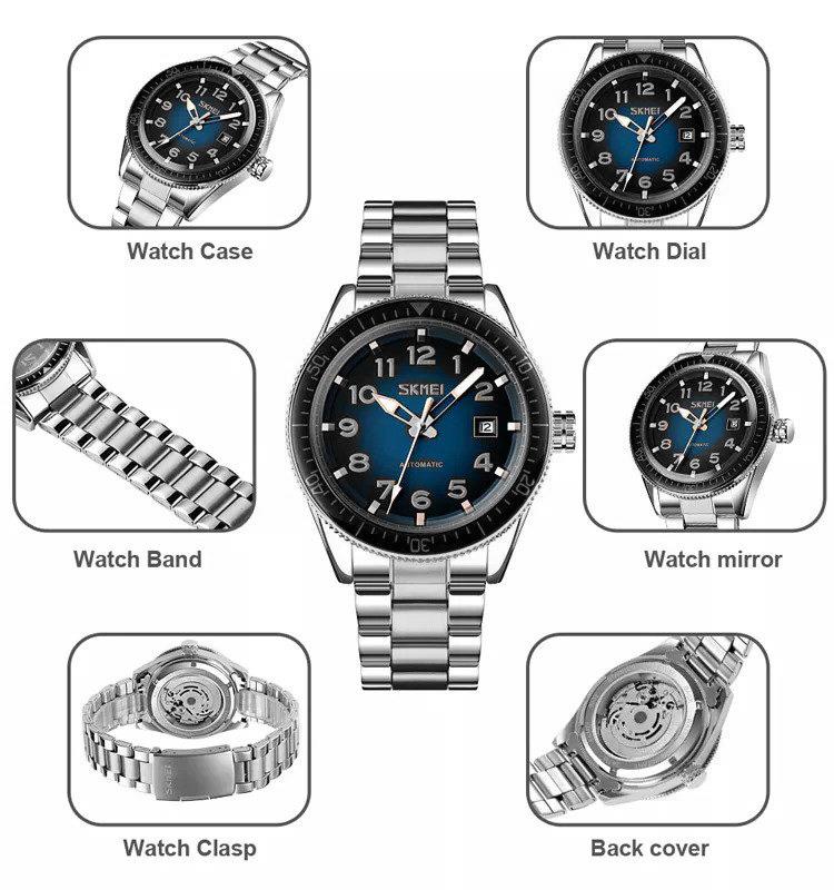 Skmei Automatic Watch  Silver Strap Blue Dial Sweep Seconds Luminous Date Display