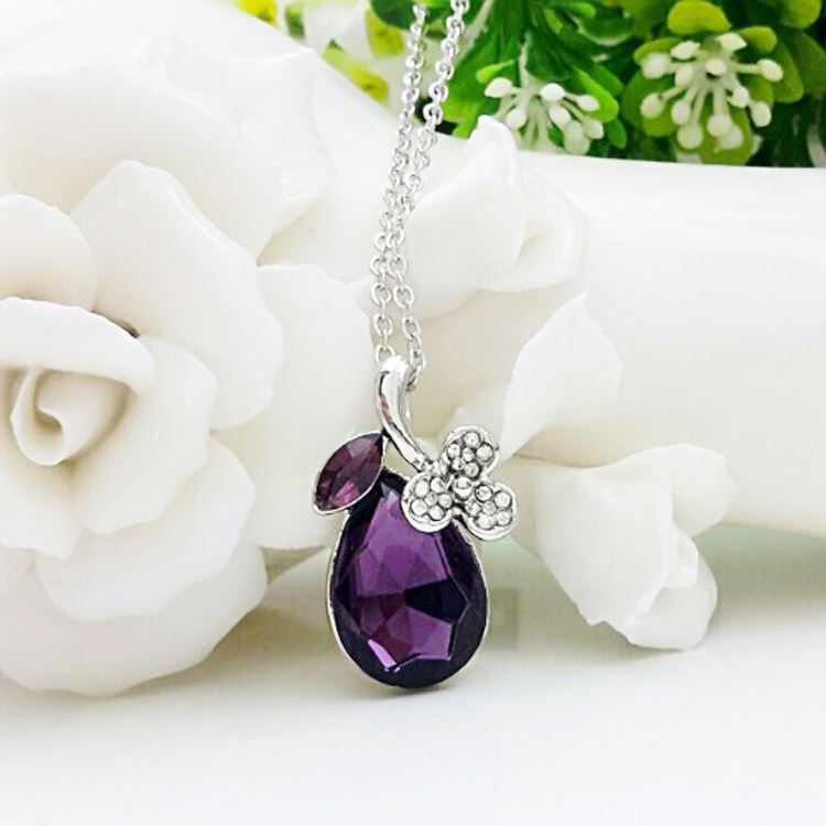 Women's Purple Diamante Crystal Silver Tone Flower Petal Teardrop Pendant Necklace UK