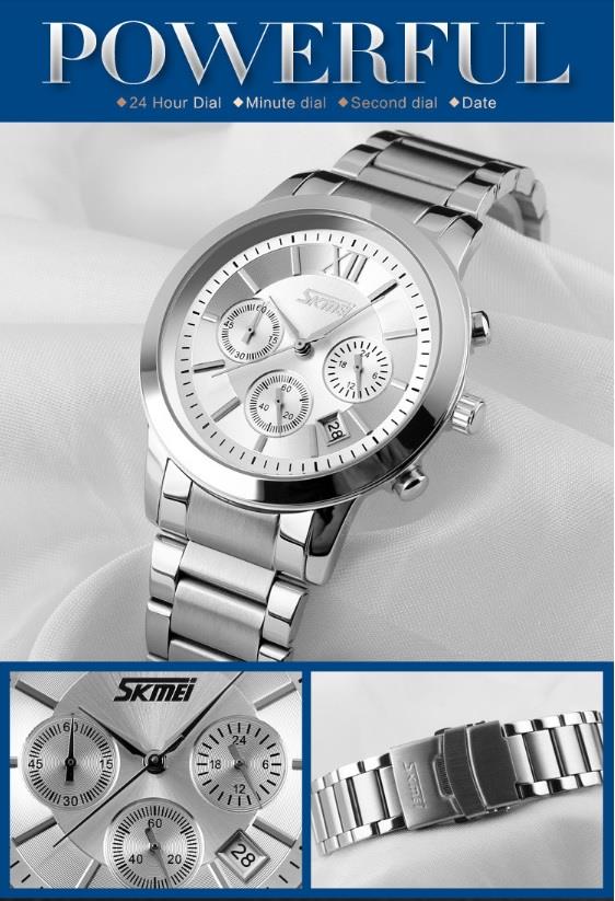 SKMEI Mens Silver Chronograph Watch Multi Dial Date Display Stainless Steel Strap 9097S