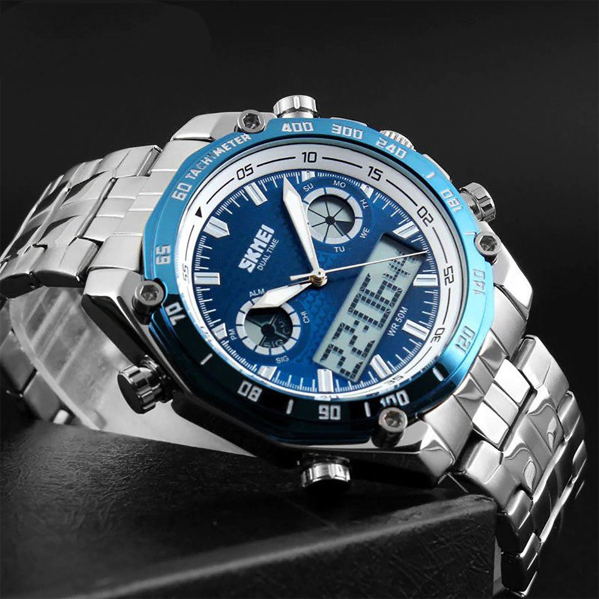 Skmei Blue Mens Dual Time Digital And Analogue Watch With Stainless Steel Strap AD1204BLU