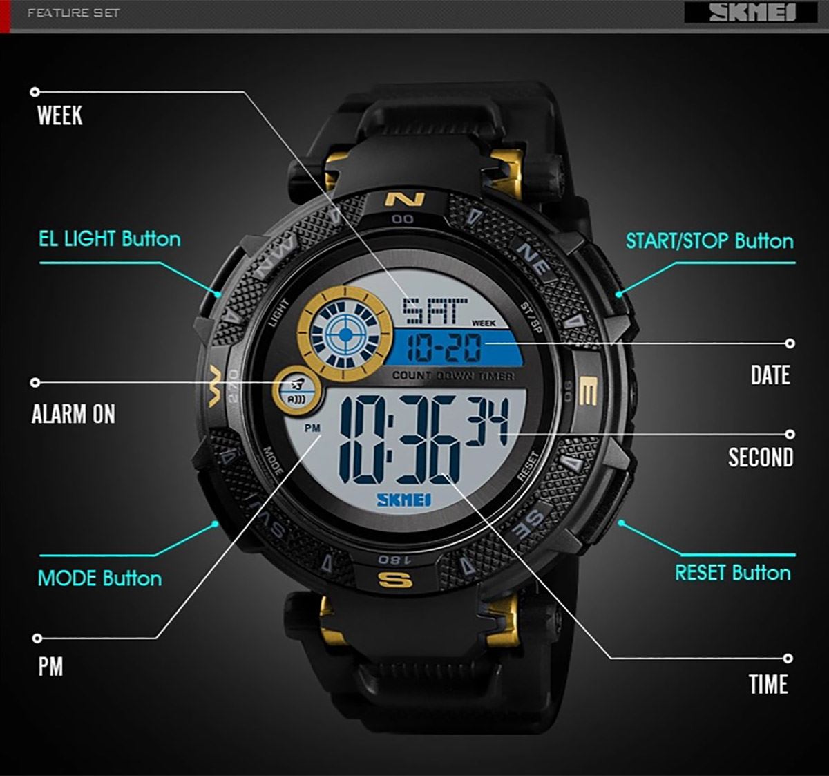 Skmei Mens Large Dial Digital Watch Day Date Alarm Stopwatch Tough Sports Watch DG1467BLU