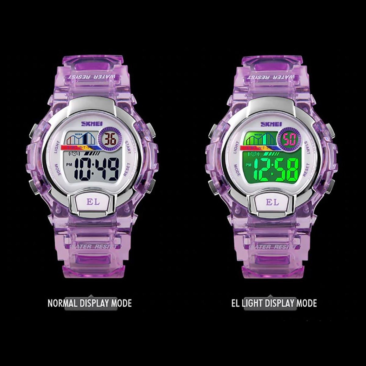 Skmei Kids Boys Girls Purple Digital Watch Transparent Strap Watch 50m Water Resistant Stopwatch Perfect For Ages 5-13