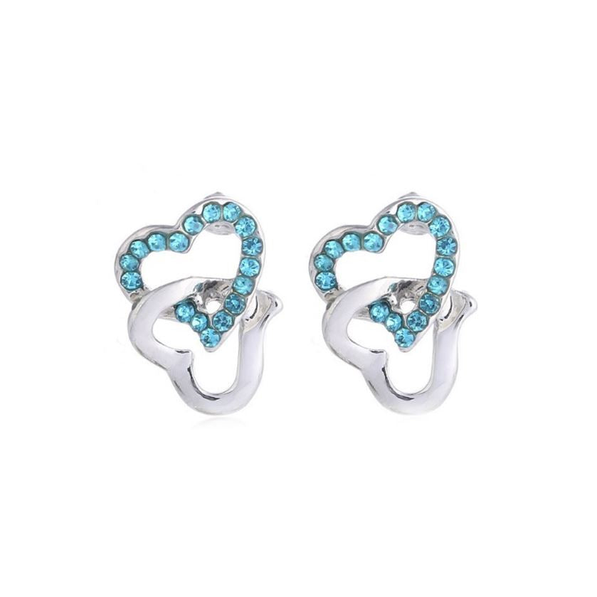 Women's Silver Tone Stud Earrings Sky Blue Stones Chained Heart Diamante UK Seller