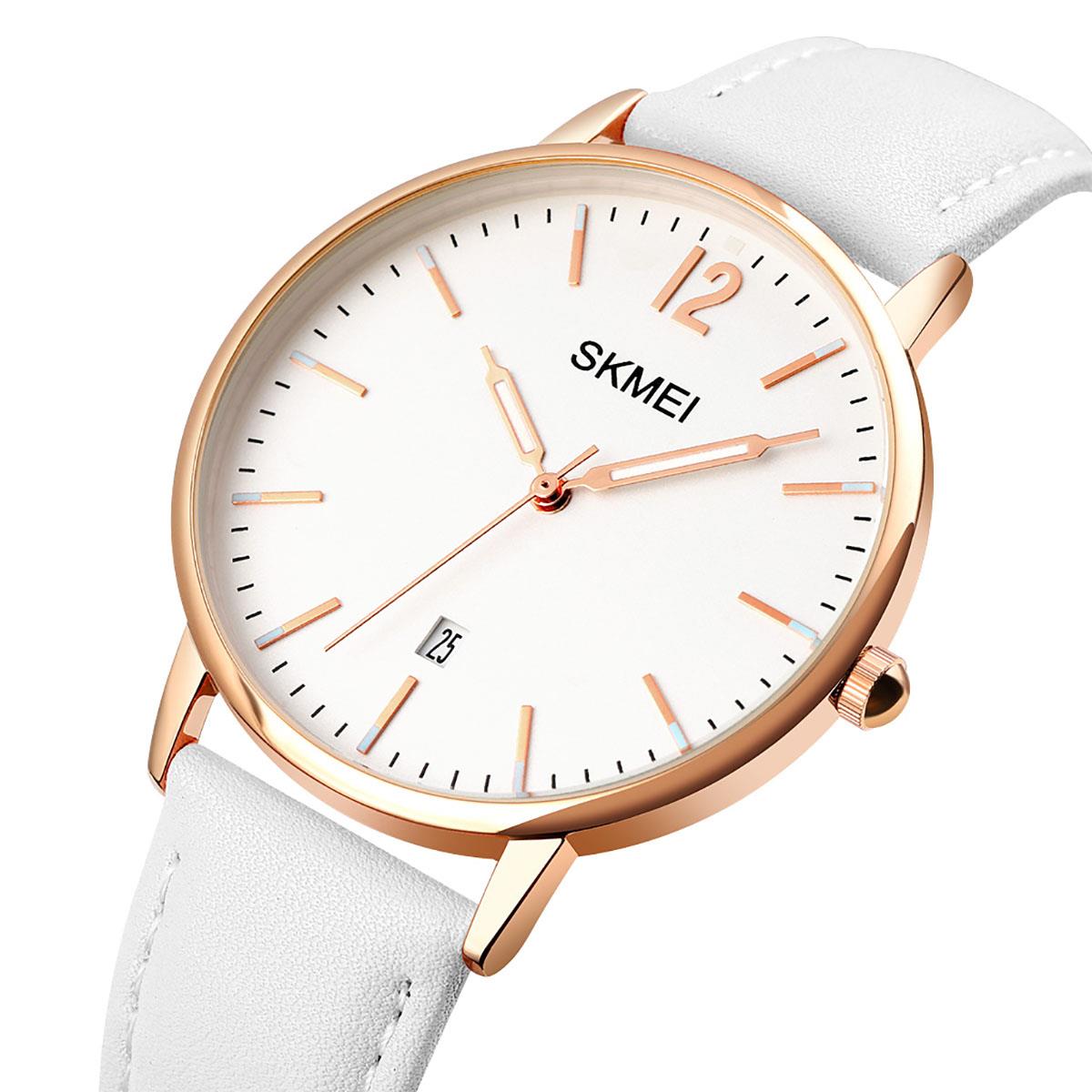 Skmei Women's Ladies Watch Classic Clear Dial Date Display Genuine Leather Strap White