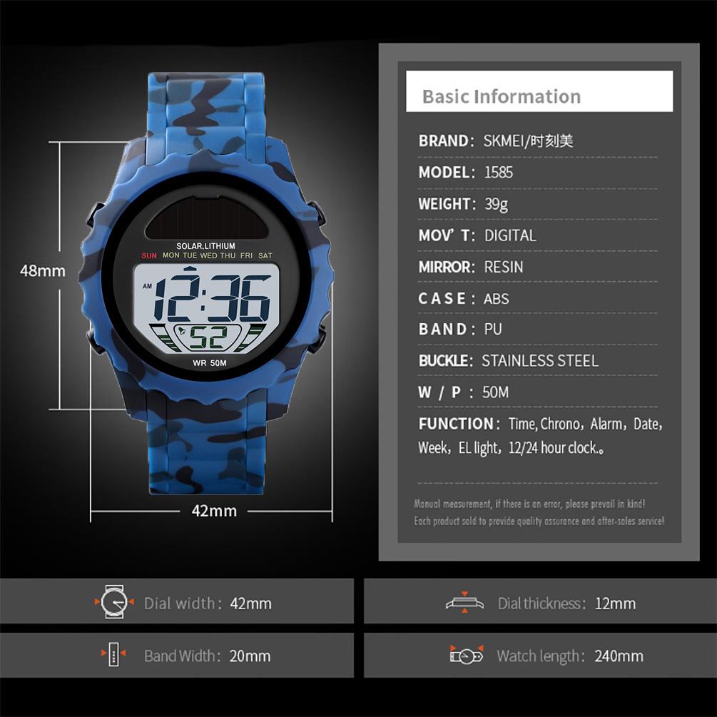 Skmei Mens Solar Powered Digital Watch ResinStrap Alarm Light Stopwatch Camo Blue