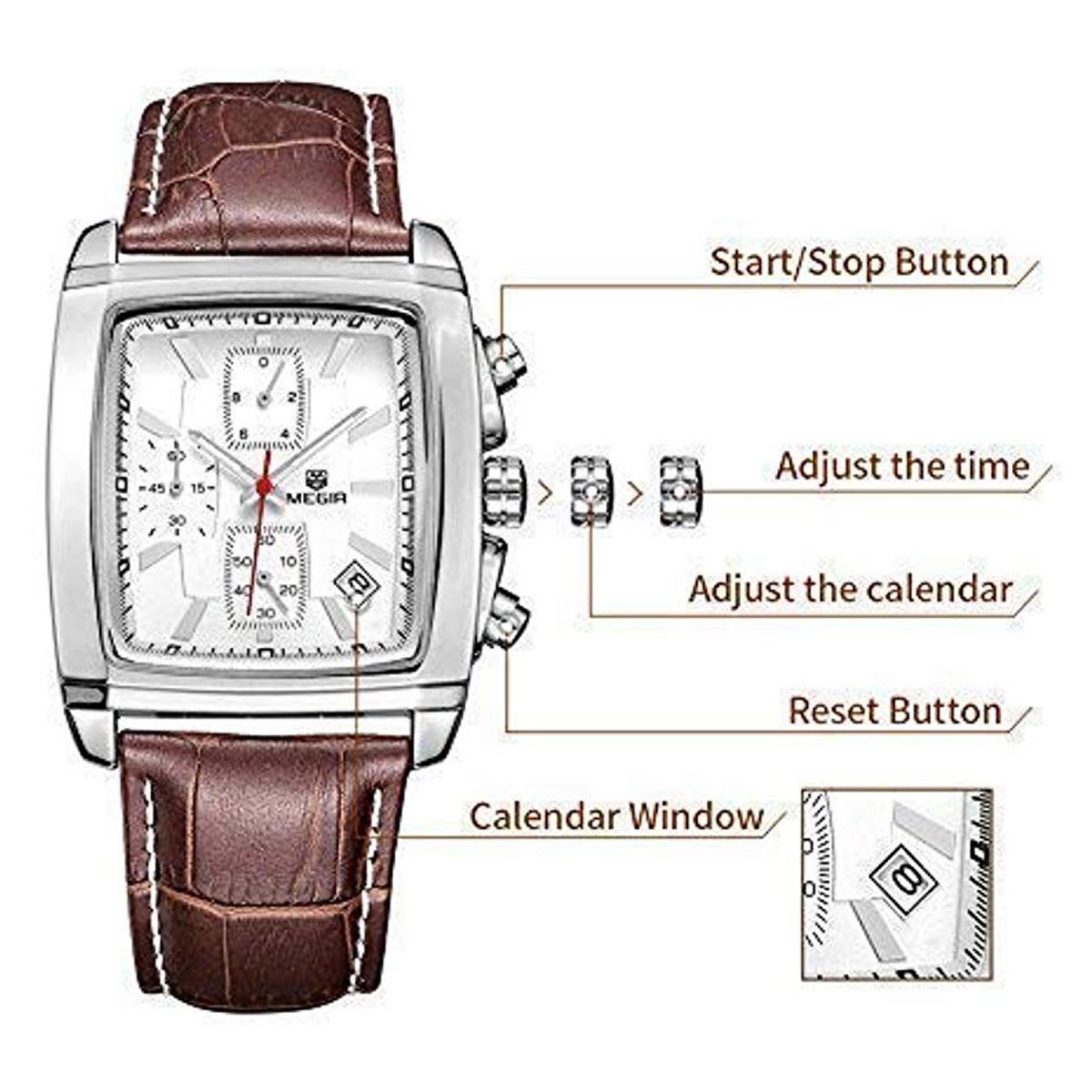 Megir Mens Quartz Analogue Watch Silver Brown Date Smart Watches Leather UK