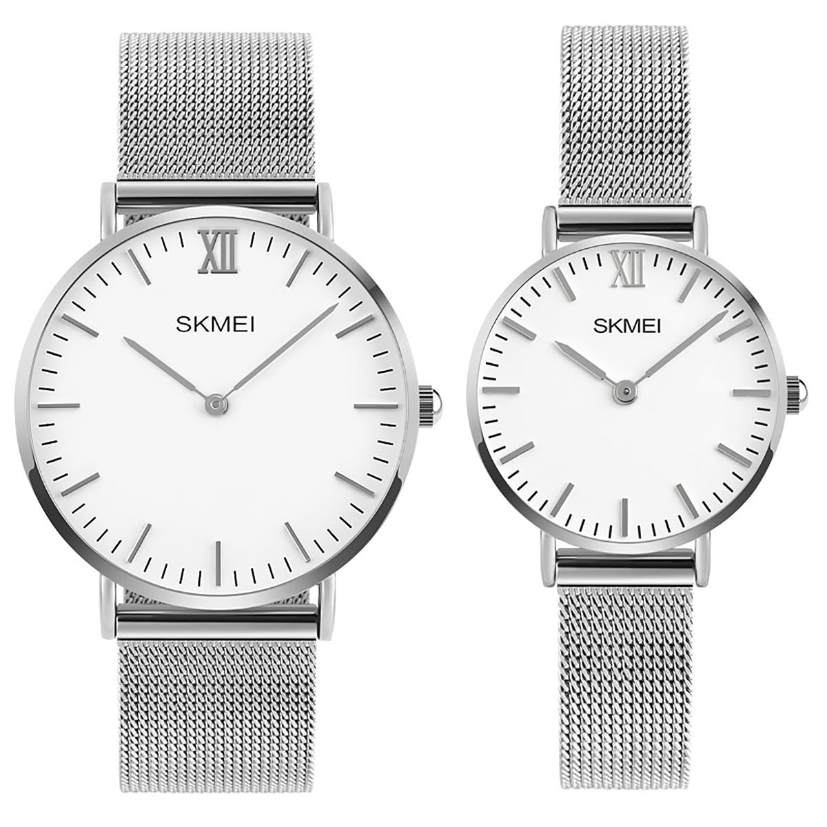 Skmei Mens And Ladies Couple Set Silver Ultra Thin Classic Watch Stainless Steel Strap Clear Display SK1811RG