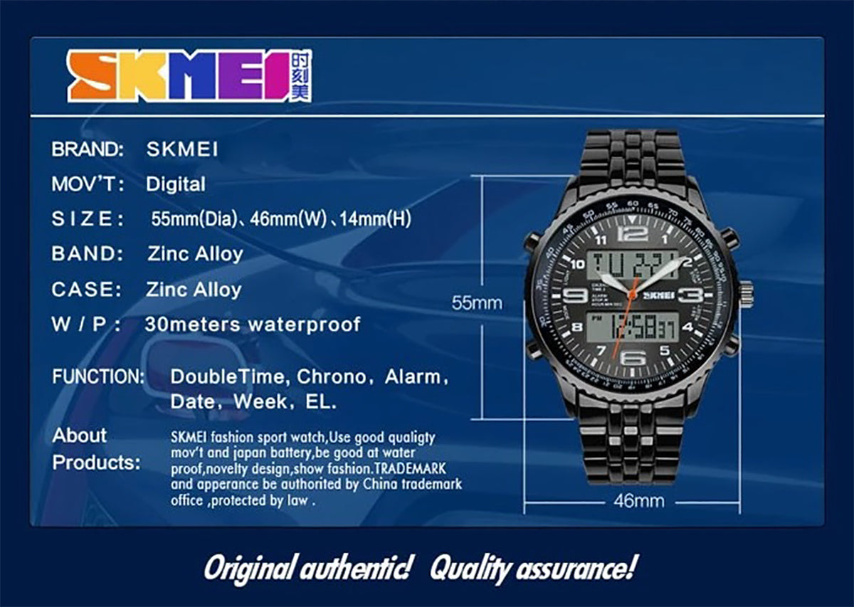 Skmei Mens Blue Large Dual Time Clear Analogue And Digital Display Watch Stopwatch Alarm 30m Water Resistant