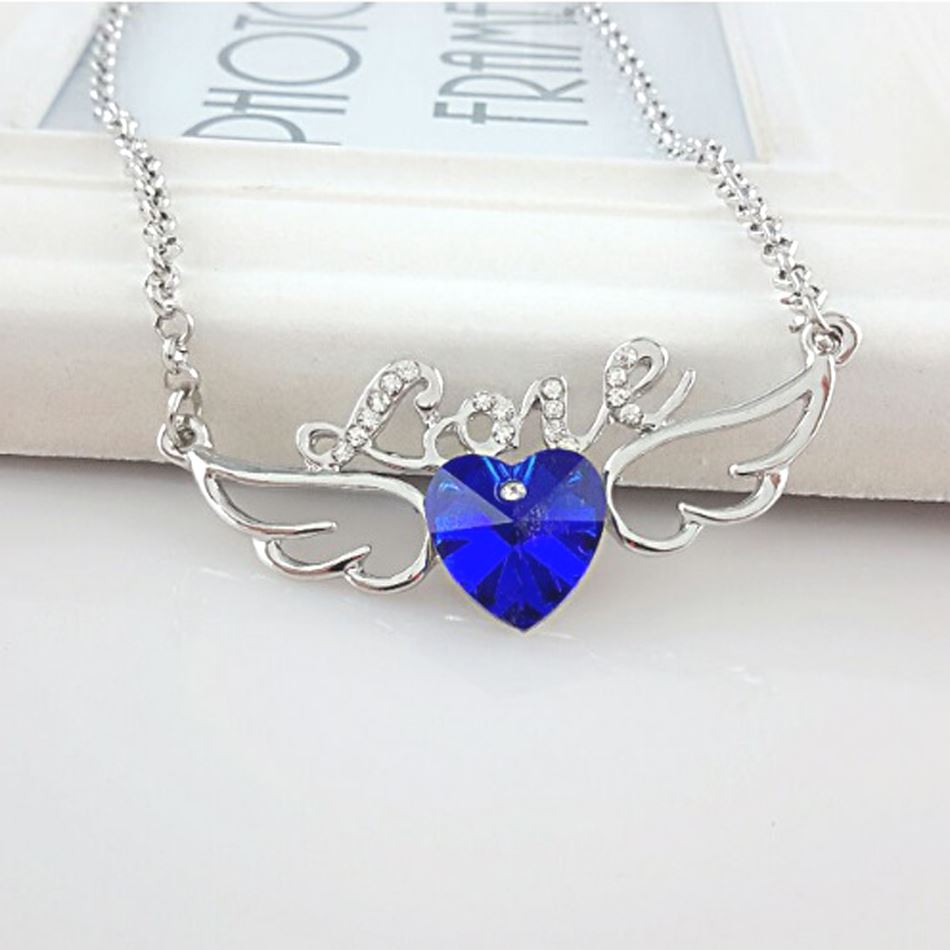 Women's Dark Blue & Silver 'Love' Pendant Necklace Angel Wings Crystal Stones Unique UK