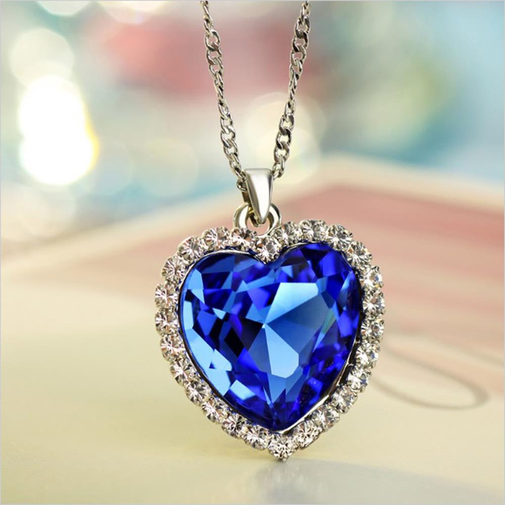 Women's Girls Blue Titanic Style Heart Ocean Necklace Earrings Set Crystal Elements