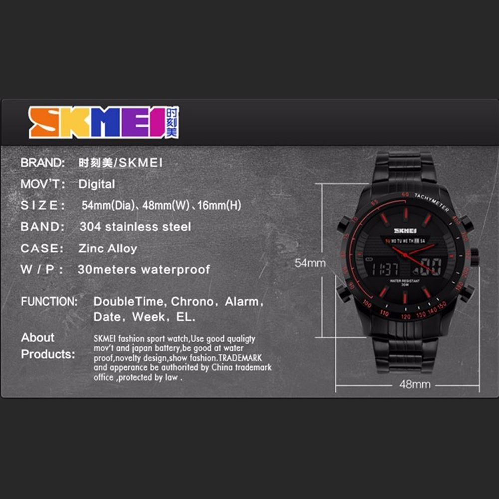 Skmei Mens DG1131 Oversized Large Dual Time Display Sports Watch 30m Water Resistant Stainless Steel Strap