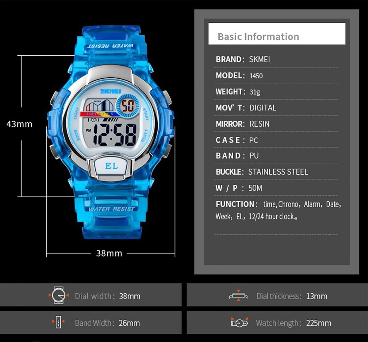 Skmei Boys Girls Kids Blue Digital Watch Transparent Strap Watch