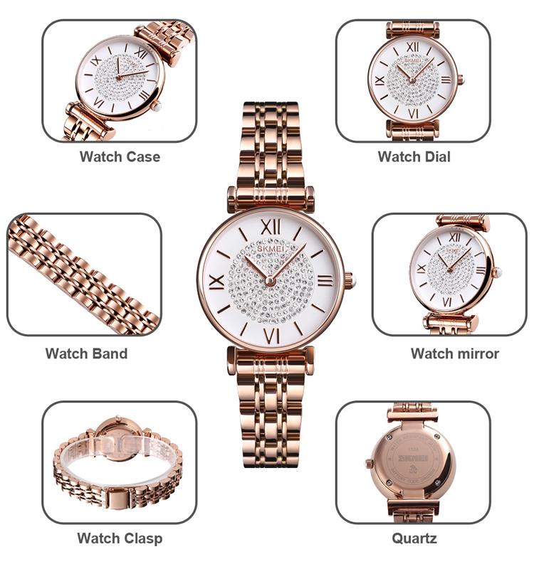 Skmei Women's Watch Rose Gold Classic Sparkle Clear Dial Crystal Stones Stainless Steel Strap