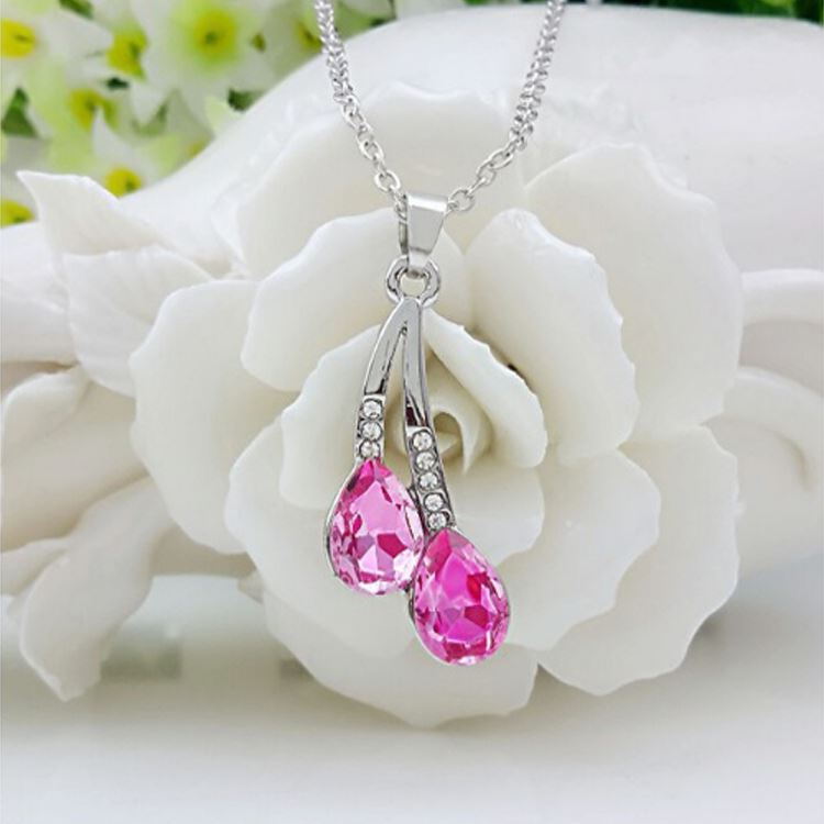 Beautiful Waterdrop Pendant Necklace Jewellery Silver Pink Christmas Gift UK Seller