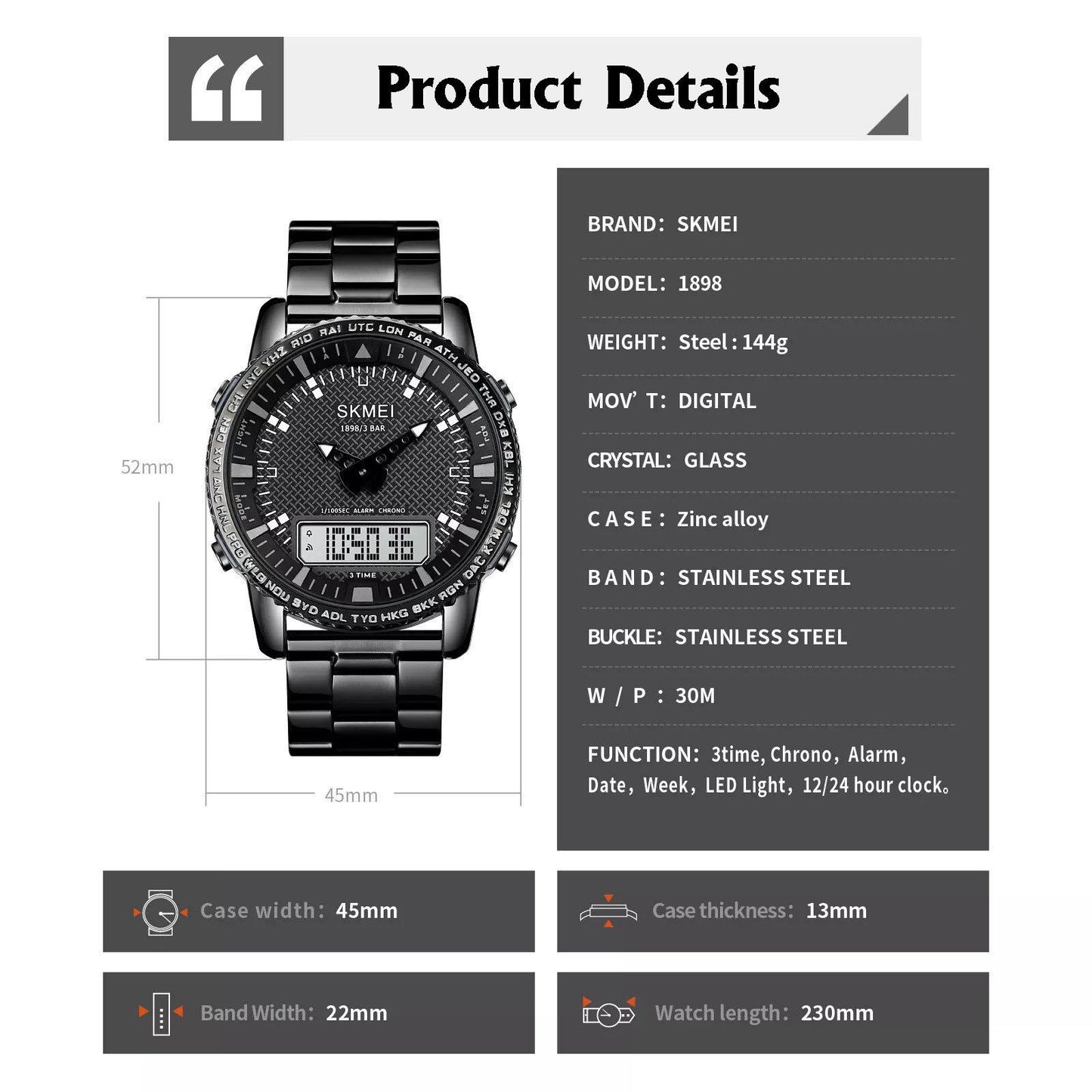 Skmei Mens Large Display Dual Time Digital And Analogue Watch Stopwatch Alarm Light Metal Strap DG1898