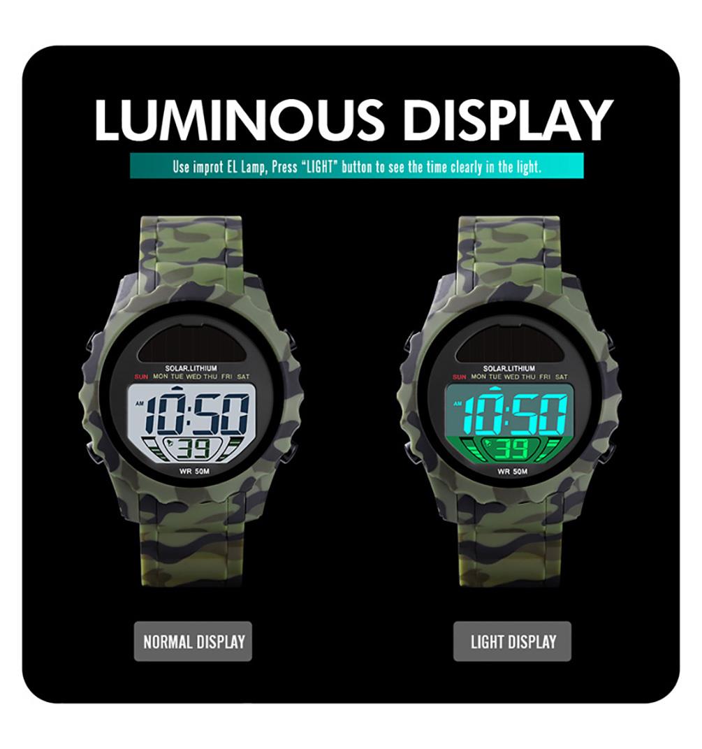 Skmei Mens Solar Powered Digital Watch ResinStrap Alarm Stopwatch Camo Green Light