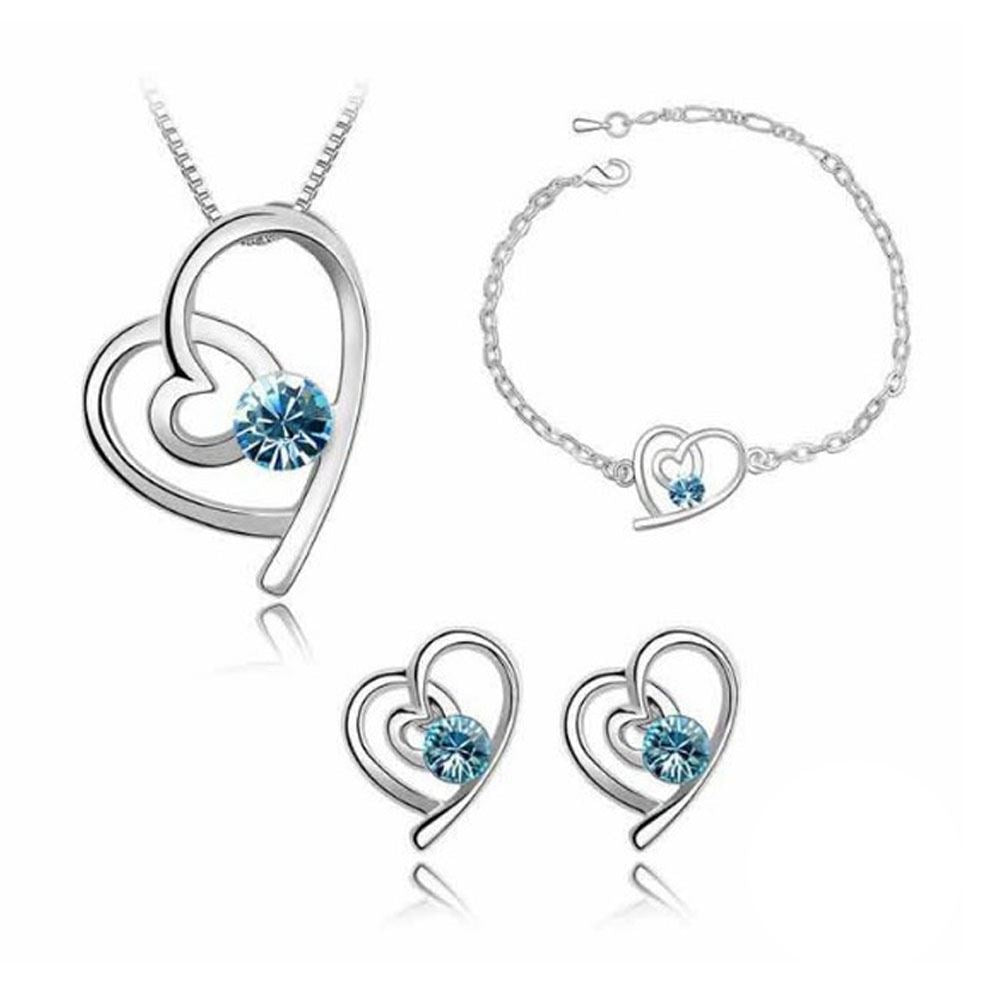 Sky Blue Silver Love Heart Themed Jewellery Necklace Bracelet & Earrings Set BGCW53