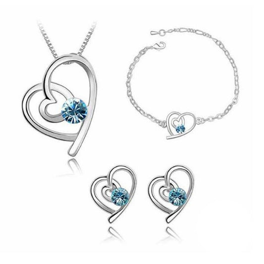 Sky Blue Silver Love Heart Themed Jewellery Necklace Bracelet & Earrings Set BGCW53