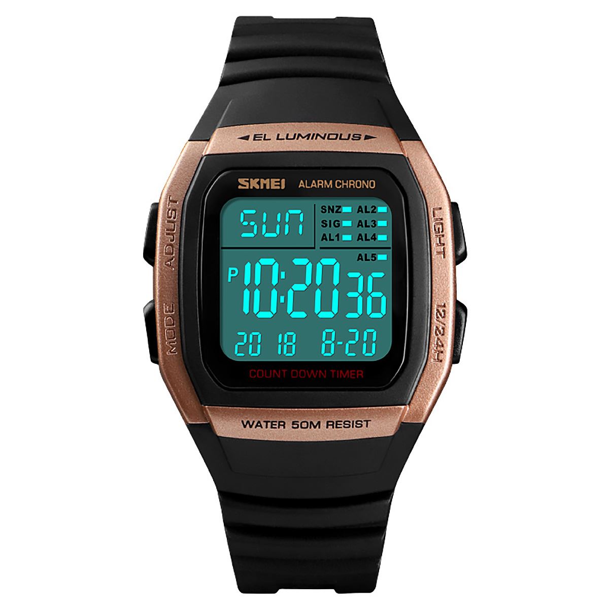 Skmei Mens Digital Clear Display Watch 5 Alarms Stopwatch Countdown Rose Gold