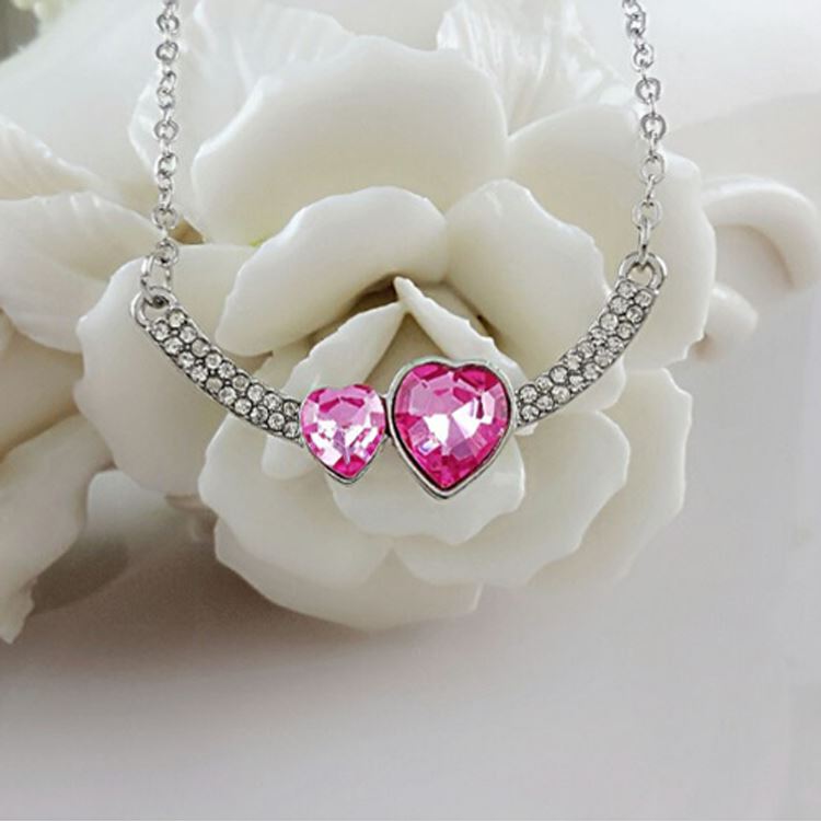 Women's Double Heart Love Pink Crystal Pendant Necklace Stones UK Seller