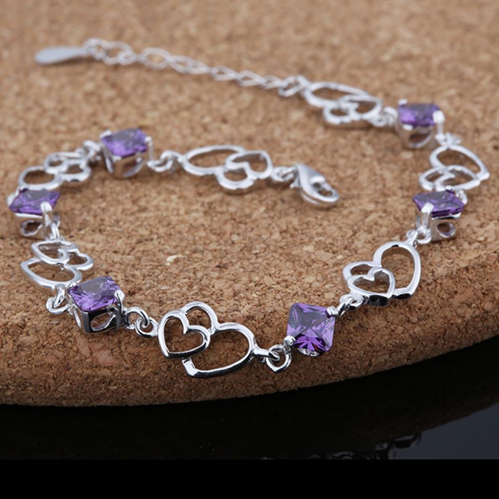 Women's Girls Charm Bracelet Silver Friendship Heart Purple Crystal Stone UK Seller