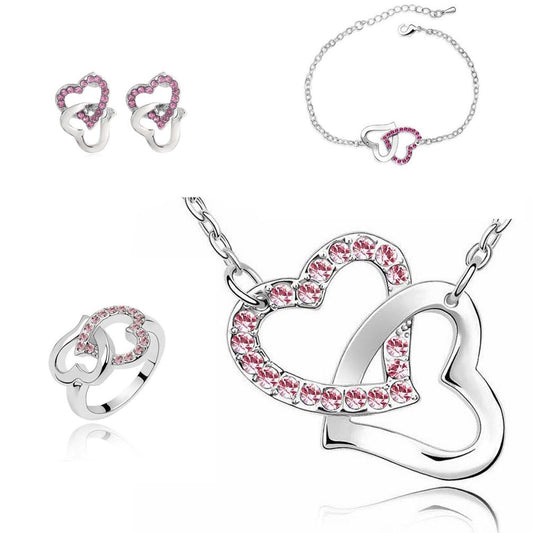 Pink Crystal Stones Hearts Intertwined Jewellery Set With Matching Necklace, Earrings, Bracelet & Ring