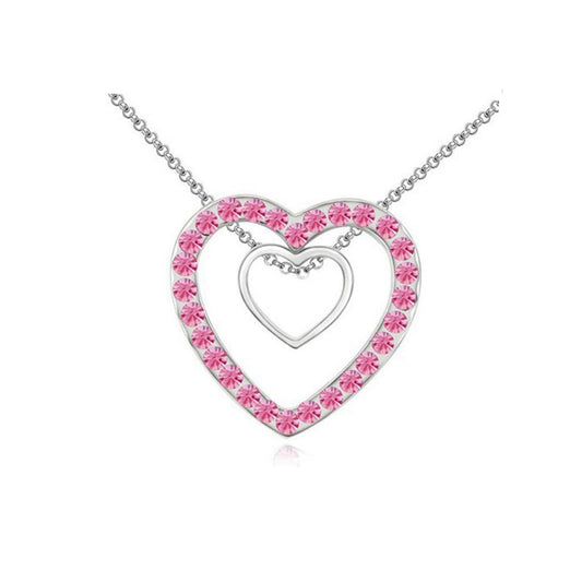 Charles William Double Silver Two Hearts Pendant Crystal Pink Stones Necklace Christmas Gift Present