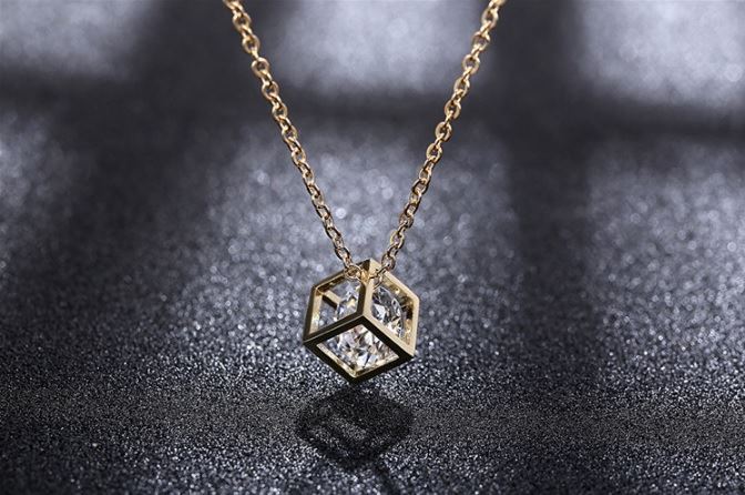 Women's Girl's Gold Cube Necklace With Crystal Stone Unique Gift Stocking Filler UK