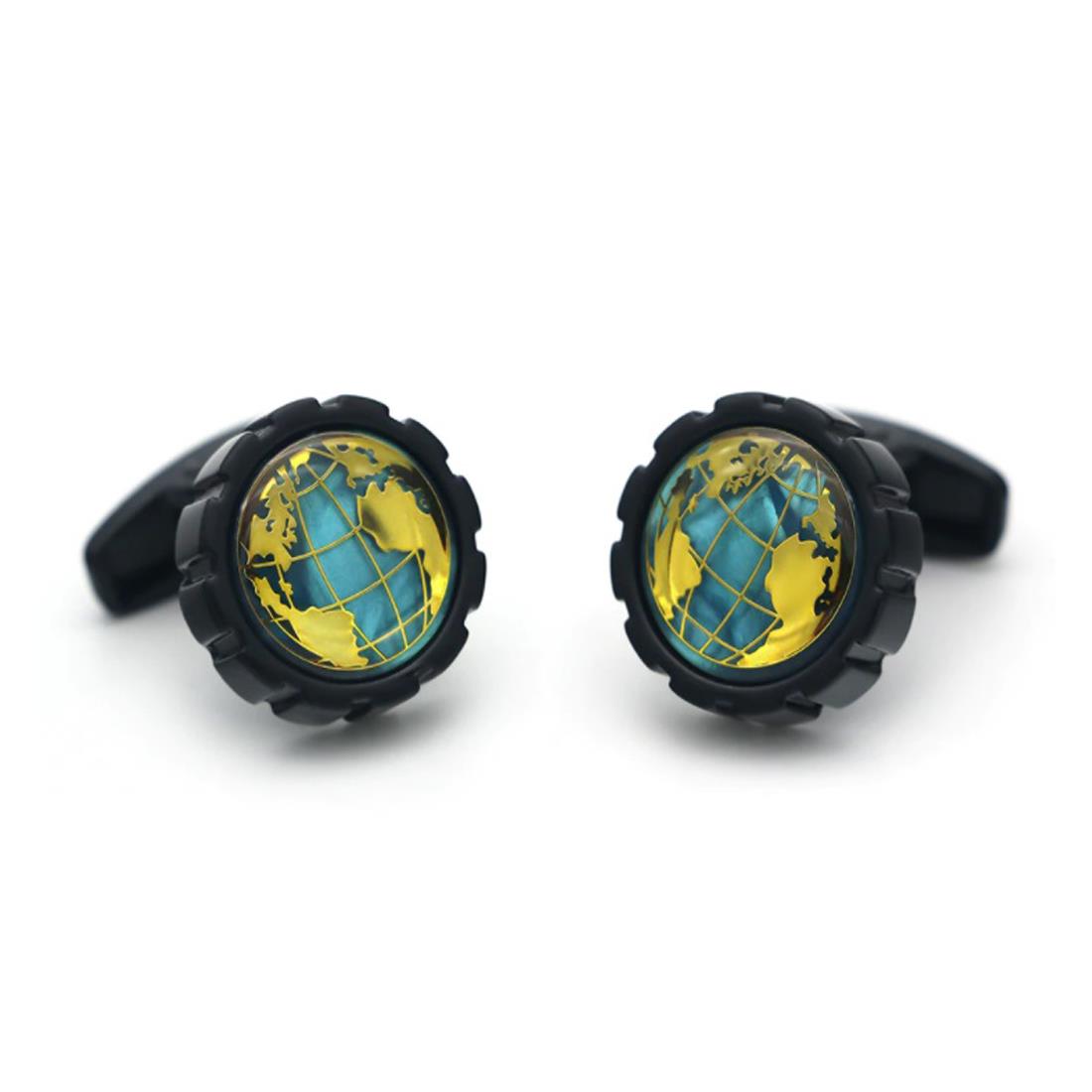 Charles William Round Premium Gold Black Cufflinks Globe Map Atlas Earth Shirt Fashion