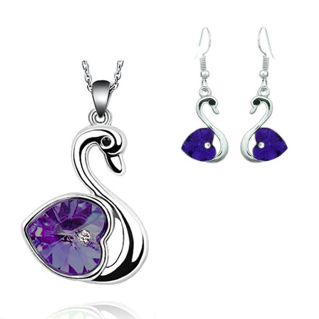 Crystal Love Heart In Dark Purple Swan Jewellery Set Earrings And Matching Necklace Silver