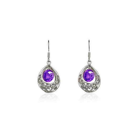 Silver & Purple Hollow Teardrop Drop Earrings Christmas Gift Woman Present UK