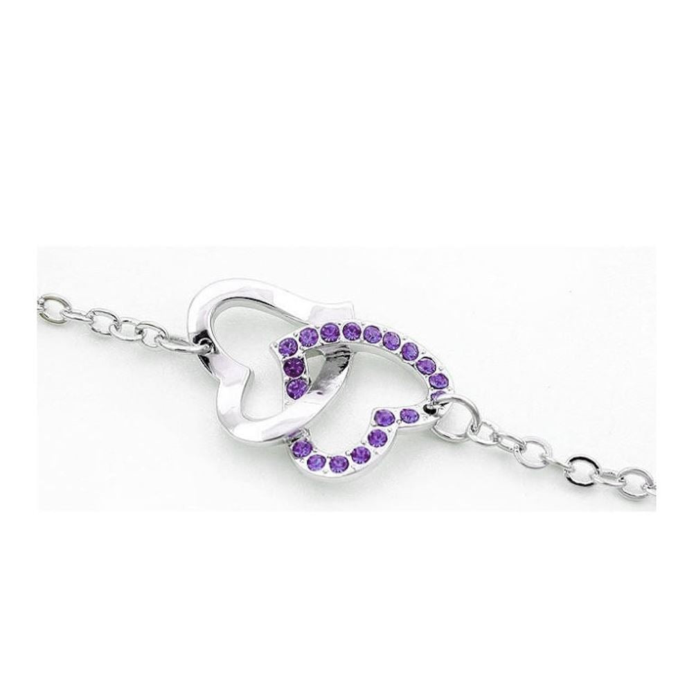 Women's Double Heart Intertwined Love Bracelet Purple Crystal Stones UK Seller