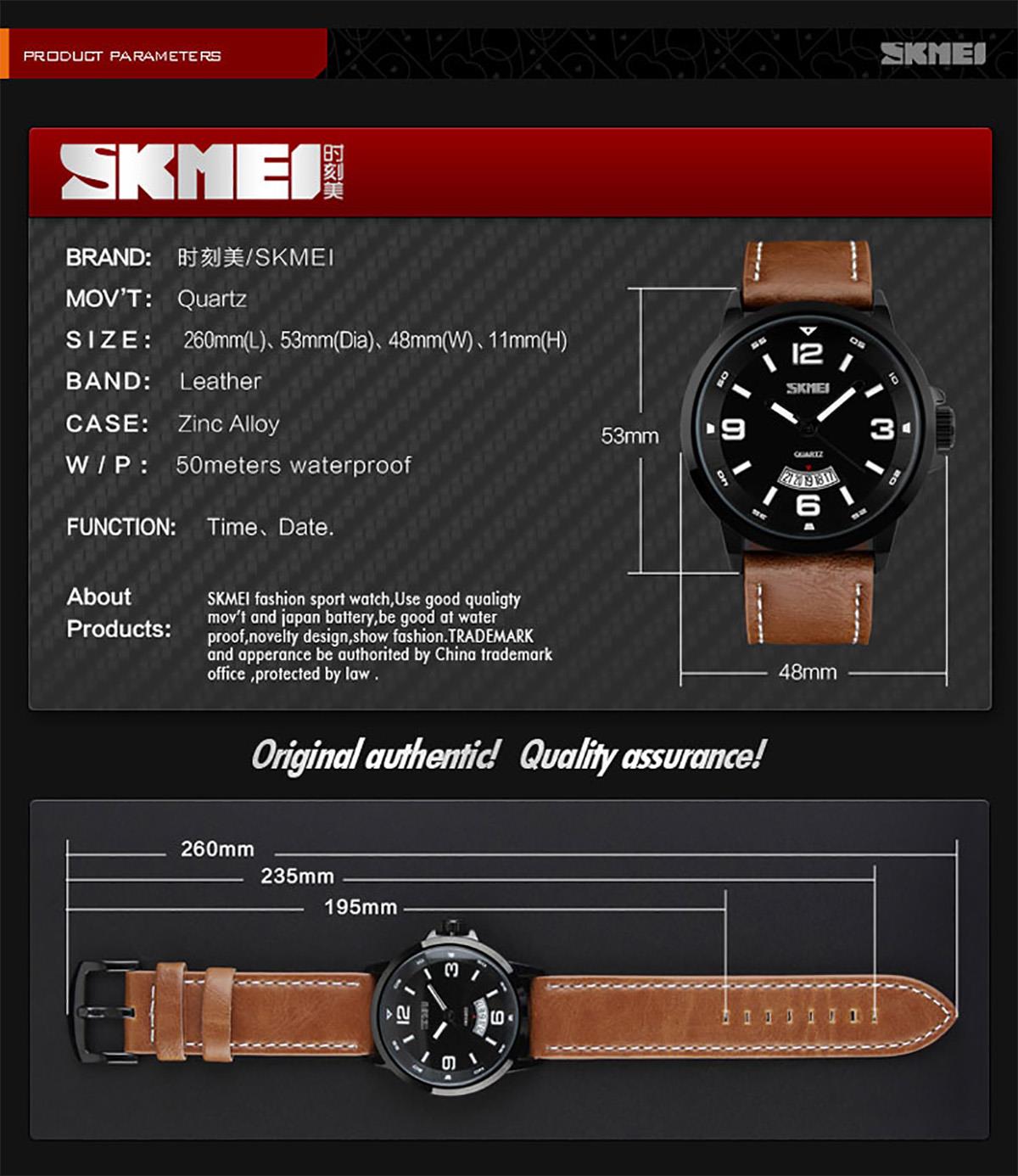 Skmei Mens Watch Brown Genuine Leather Strap Date Display Window SK9115BLA