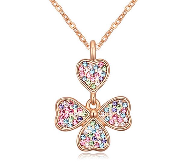 Gold Four Leaf Clover Pendant Necklace Encrusted Colourful Crystal Stones Women's