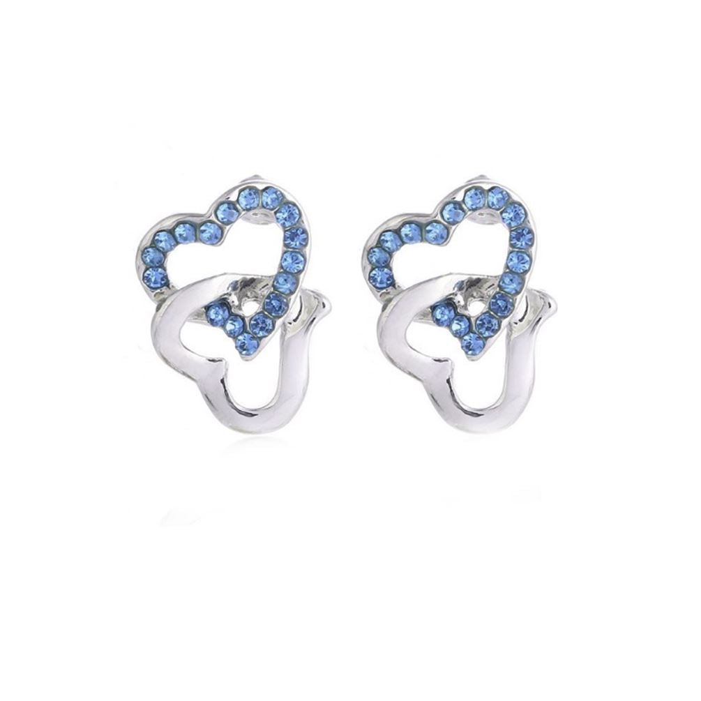 Women's Silver Tone Stud Earrings Light Blue Stones Chained Heart Diamante UK Seller