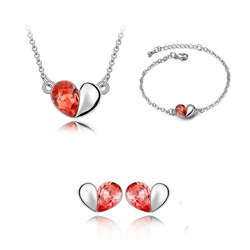 Fire Orange Designer Love Heart Themed Jewellery Necklace Bracelet & Earrings Set