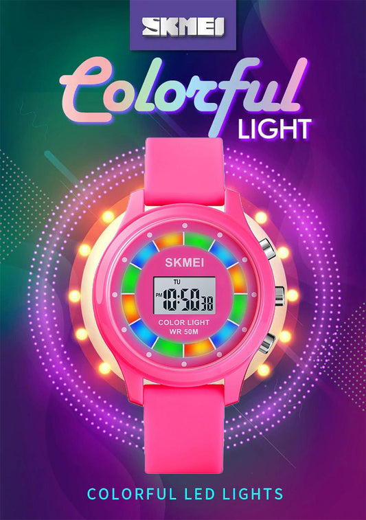 Childrens Pink Digital Watch with Date and Flashing Lights - Fun Design